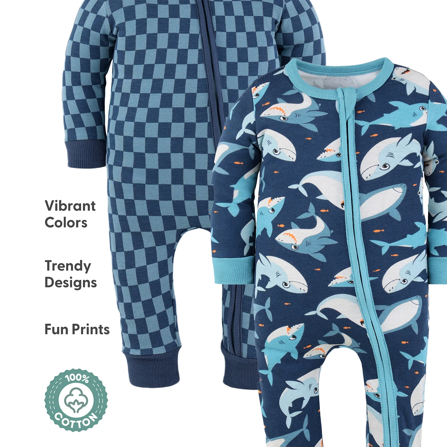 Blue Checker & Happy Shark Cotton Footless Sleepers for Boys, 2 Pack - Image 3