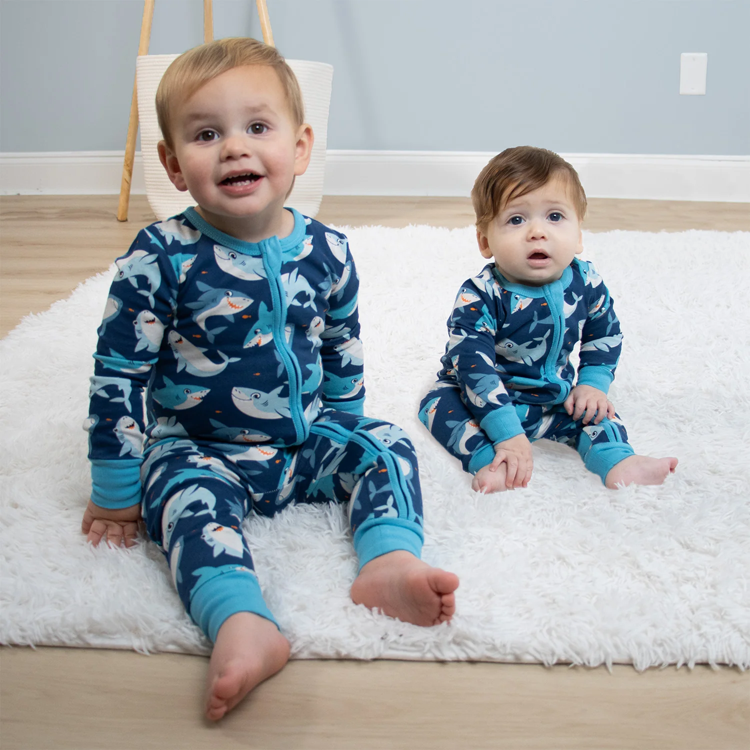 Blue Checker & Happy Shark Cotton Footless Sleepers for Boys, 2 Pack - Image 5
