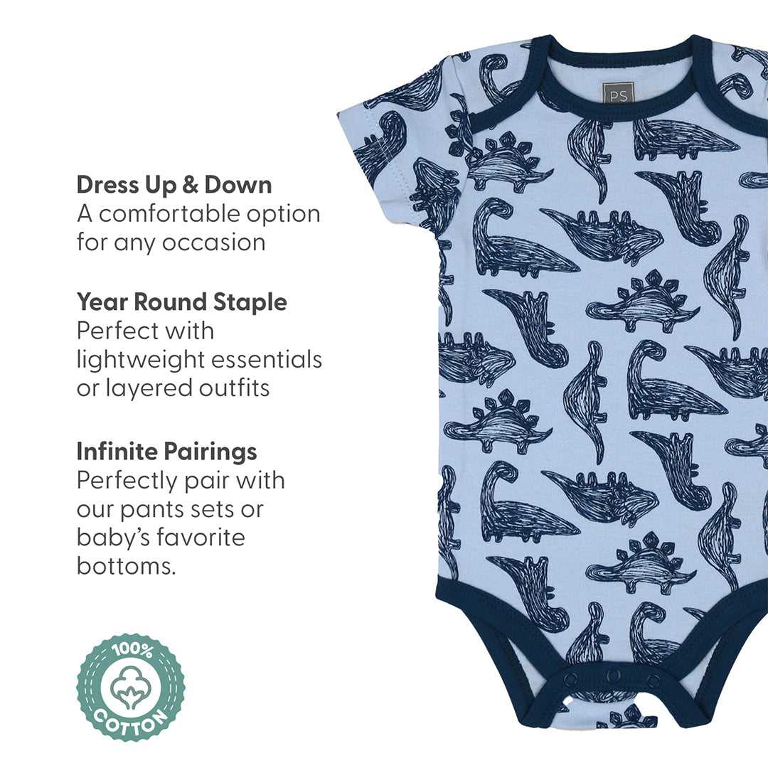 Dinos and Dots 5-Pack Short Sleeve Bodysuits in Blue, Navy, and Grey, 9-12 Months - Image 4