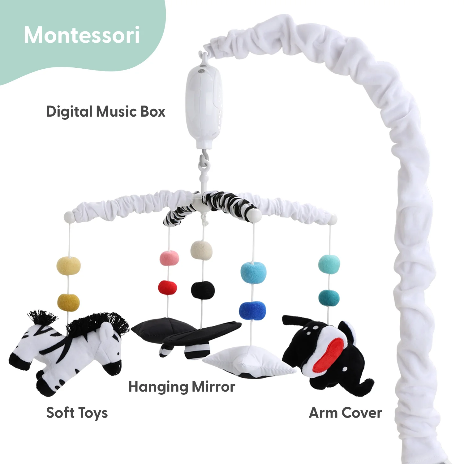 Montessori Neutral Musical Crib Mobile for Baby Boys and Girls, Black and White - Image 2