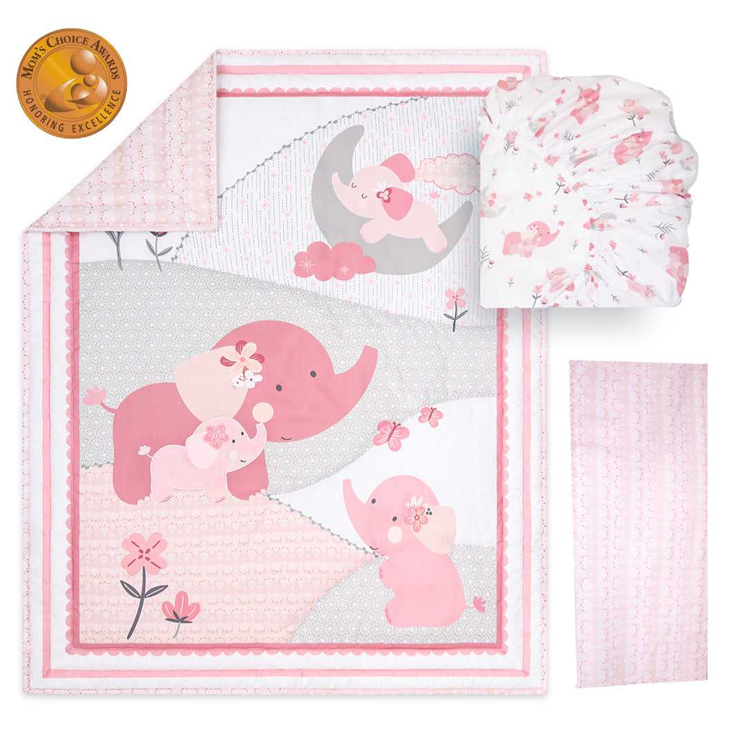 Pink Elephant 3 Piece Baby Crib Bedding Set for Girls - Image 2