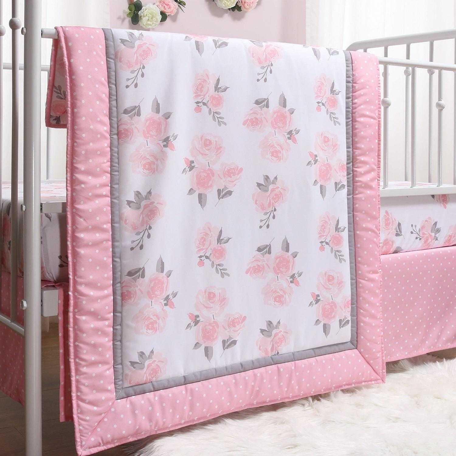Pink Floral 3-Piece Crib Bedding Set - Image 4