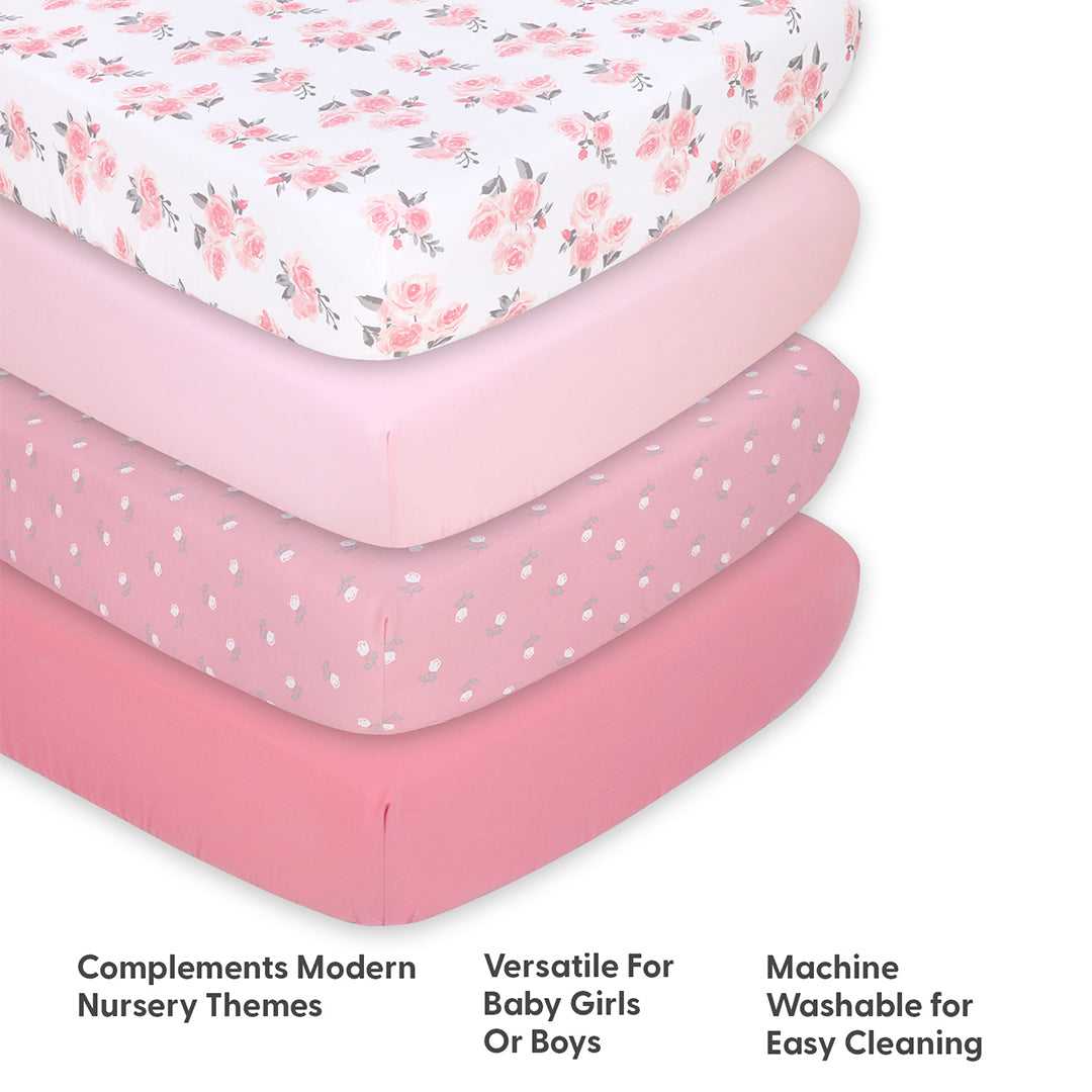 Pink Roses and Ditsy Floral 4-Pack Fitted Crib Sheet Set - Image 4