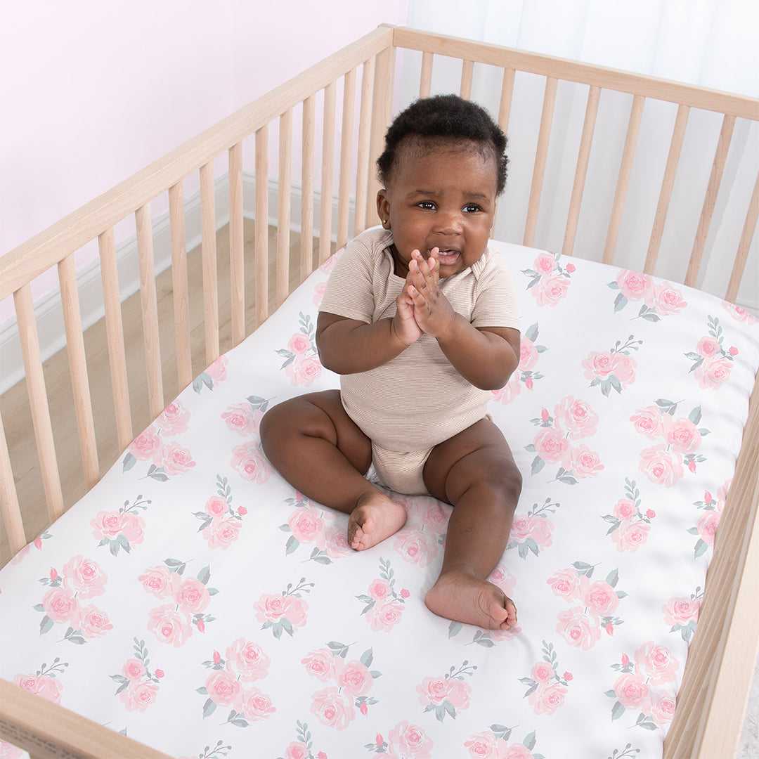 Pink Roses and Ditsy Floral 4-Pack Fitted Crib Sheet Set - Image 5