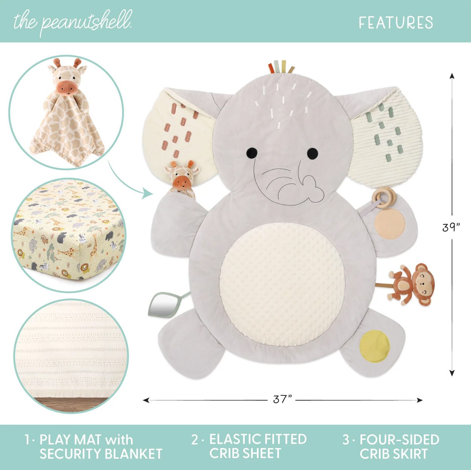 Elephant 4-Piece Tummy Time Mat and Security Blanket Crib Bedding Set - Image 2